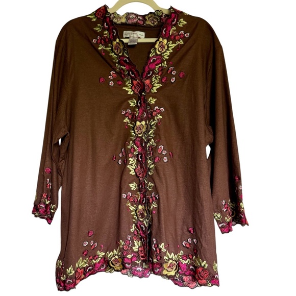 Susan Graver Brown Linen Blend Floral Embroidered Top Plus Size 2X - Picture 1 of 9